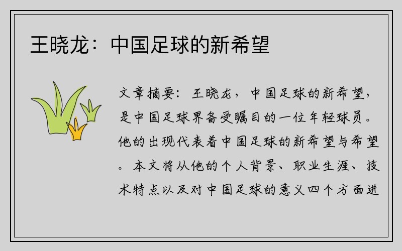 王晓龙：中国足球的新希望