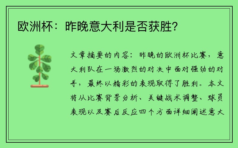 欧洲杯：昨晚意大利是否获胜？