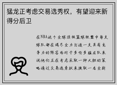 猛龙正考虑交易选秀权，有望迎来新得分后卫