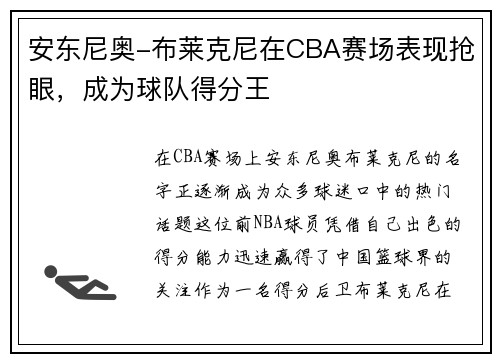 安东尼奥-布莱克尼在CBA赛场表现抢眼，成为球队得分王